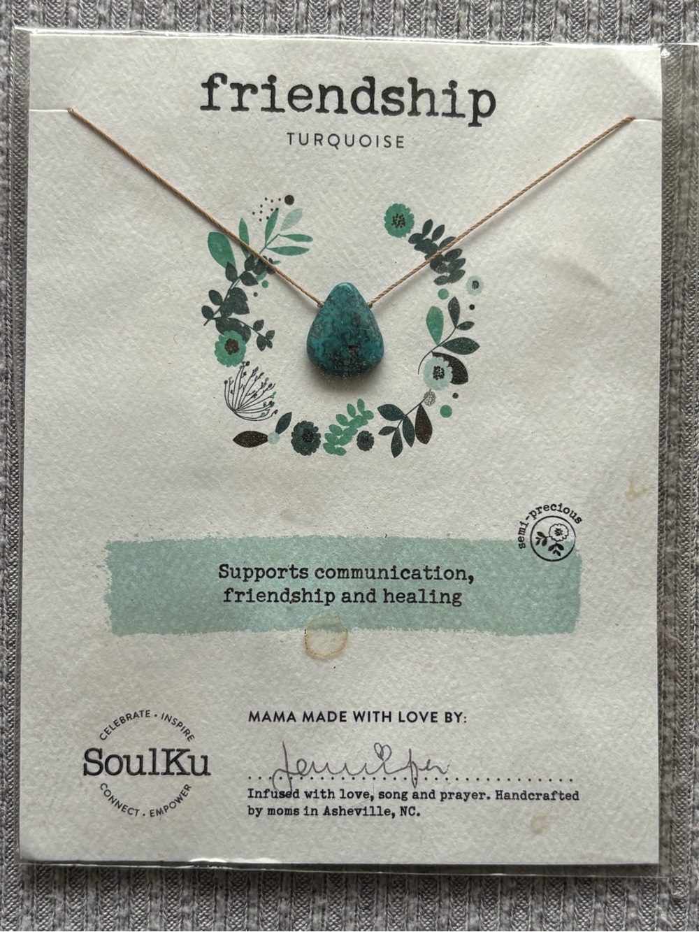 Bohemian theme SoulKu brand turquoise 17” nylon cord necklace w silver clasp